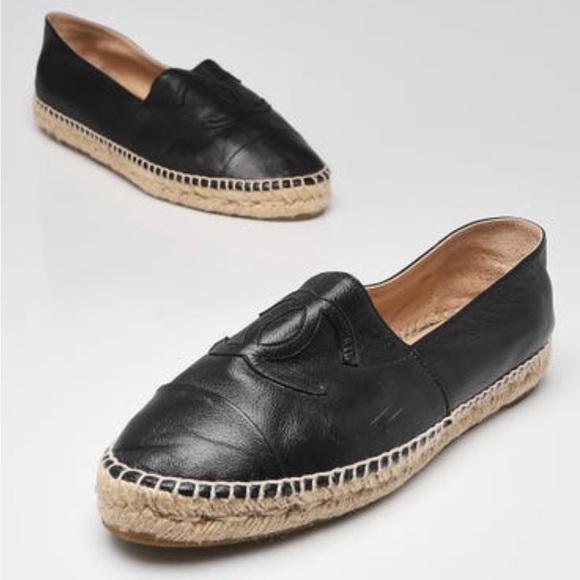 CHANEL Black Leather Espadrilles